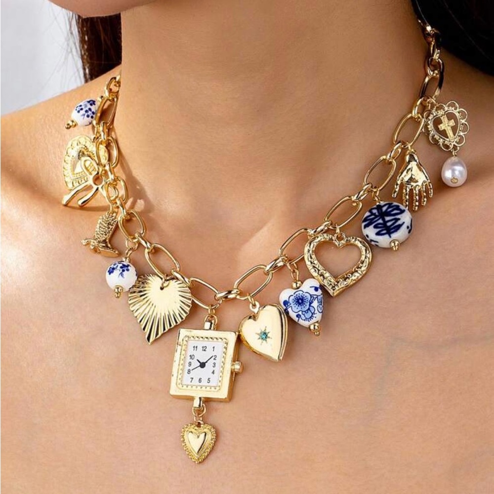 New - Ceramic Blue Charm Necklace / Jewelry / Heart / Clock